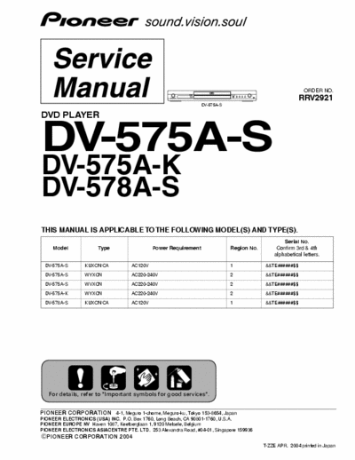 PIONEER DV-575A PIONEER DV-575A SERVICE MANUAL